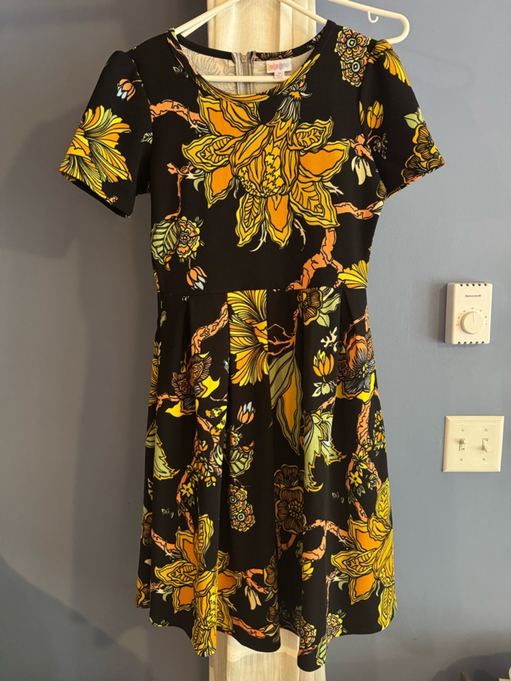 Willa Floral Fit-and-Flare Dress in Black & Yellow with pockets